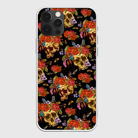 Чехол для iPhone 12 Pro с принтом Skulls and Roses в Белгороде, силикон | область печати: задняя сторона чехла, без боковых панелей | Тематика изображения на принте: flowers | halloween | rose | skull | tattoo | жуки | насекомые | роза | тату | татуировка | хеллоуин | хэллоуин | цветок | цветы | череп