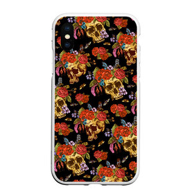 Чехол для iPhone XS Max матовый с принтом Skulls and Roses в Белгороде, Силикон | Область печати: задняя сторона чехла, без боковых панелей | flowers | halloween | rose | skull | tattoo | жуки | насекомые | роза | тату | татуировка | хеллоуин | хэллоуин | цветок | цветы | череп