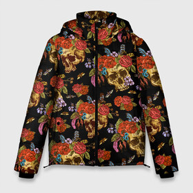 Мужская зимняя куртка 3D с принтом Skulls and Roses в Белгороде, верх — 100% полиэстер; подкладка — 100% полиэстер; утеплитель — 100% полиэстер | длина ниже бедра, свободный силуэт Оверсайз. Есть воротник-стойка, отстегивающийся капюшон и ветрозащитная планка. 

Боковые карманы с листочкой на кнопках и внутренний карман на молнии. | Тематика изображения на принте: flowers | halloween | rose | skull | tattoo | жуки | насекомые | роза | тату | татуировка | хеллоуин | хэллоуин | цветок | цветы | череп