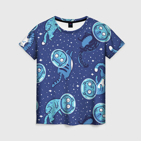 Женская футболка 3D с принтом Кот Космонавт в Белгороде, 100% полиэфир ( синтетическое хлопкоподобное полотно) | прямой крой, круглый вырез горловины, длина до линии бедер | звезды | космонавт | космос | кот | кот космонавт | котик | рисунок