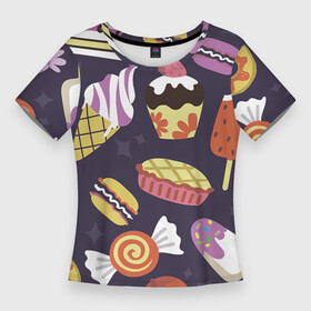 Женская футболка 3D Slim с принтом Что бы слиплось в Белгороде,  |  | вкусности | еда | конфеты | мороженое | пирог | рисунок | сладости