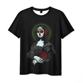 Мужская футболка 3D с принтом Mona Lisa - Santa Muerte в Белгороде, 100% полиэфир | прямой крой, круглый вырез горловины, длина до линии бедер | dead | death | lisa | mona | muerte | muertos | santa | день | искуство | картина | лиза | мона | муэрте | муэртес | муэртос | роза | розы | санта | тату | татуировка | цветы | череп