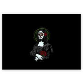 Поздравительная открытка с принтом Mona Lisa - Santa Muerte в Белгороде, 100% бумага | плотность бумаги 280 г/м2, матовая, на обратной стороне линовка и место для марки
 | Тематика изображения на принте: dead | death | lisa | mona | muerte | muertos | santa | день | искуство | картина | лиза | мона | муэрте | муэртес | муэртос | роза | розы | санта | тату | татуировка | цветы | череп