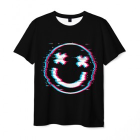 Мужская футболка 3D с принтом Glitch Smile в Белгороде, 100% полиэфир | прямой крой, круглый вырез горловины, длина до линии бедер | art | glitch | smile | арт | глитч | глич | картинка | картинки | мода | прикольная | прикольные | смайл | смайли | смайлик | тренд | тренды