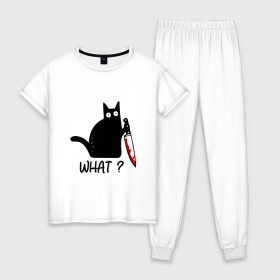 Женская пижама хлопок с принтом What cat в Белгороде, 100% хлопок | брюки и футболка прямого кроя, без карманов, на брюках мягкая резинка на поясе и по низу штанин | cat | kitten | knife | what | кот | котёнок | кошка | кровь | нож | что