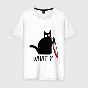 Мужская футболка хлопок с принтом What cat в Белгороде, 100% хлопок | прямой крой, круглый вырез горловины, длина до линии бедер, слегка спущенное плечо. | cat | kitten | knife | what | кот | котёнок | кошка | кровь | нож | что