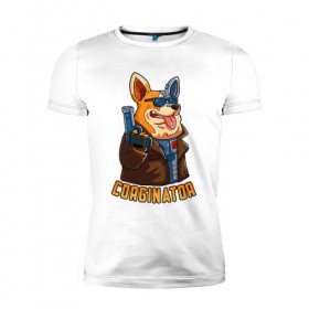 Мужская футболка премиум с принтом Corginator в Белгороде, 92% хлопок, 8% лайкра | приталенный силуэт, круглый вырез ворота, длина до линии бедра, короткий рукав | вельш корги | корги | мульт | пародия | пес | с пистолетом | собака | терминатор | юмор