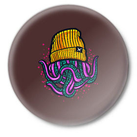 Значок с принтом Octopus(Lil Peep, GBC) в Белгороде,  металл | круглая форма, металлическая застежка в виде булавки | gbc | lil | peep | rap | rock | бордовый | желтый | зеленый | исполнитель | картинка | надпись на спине | осьминог | редактируемый дизайн | рок | рэп | рэпер | сочный цвет | фиолетовый