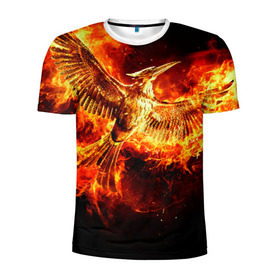 Мужская футболка 3D спортивная с принтом Феникс в огне в Белгороде, 100% полиэстер с улучшенными характеристиками | приталенный силуэт, круглая горловина, широкие плечи, сужается к линии бедра | Тематика изображения на принте: fire | flame | phoenix | крылья | огонь | перья | пламя | птица | феникс