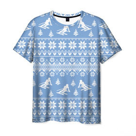 Мужская футболка 3D с принтом Вязаный свитер с лыжниками в Белгороде, 100% полиэфир | прямой крой, круглый вырез горловины, длина до линии бедер | горы | зима | лыжи | природа | снег | спорт