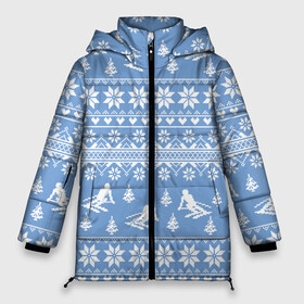 Женская зимняя куртка 3D с принтом Вязаный свитер с лыжниками в Белгороде, верх — 100% полиэстер; подкладка — 100% полиэстер; утеплитель — 100% полиэстер | длина ниже бедра, силуэт Оверсайз. Есть воротник-стойка, отстегивающийся капюшон и ветрозащитная планка. 

Боковые карманы с листочкой на кнопках и внутренний карман на молнии | горы | зима | лыжи | природа | снег | спорт