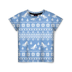 Детская футболка 3D с принтом Вязаный свитер с лыжниками в Белгороде, 100% гипоаллергенный полиэфир | прямой крой, круглый вырез горловины, длина до линии бедер, чуть спущенное плечо, ткань немного тянется | горы | зима | лыжи | природа | снег | спорт