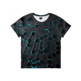 Детская футболка 3D с принтом 3D соты BLUE в Белгороде, 100% гипоаллергенный полиэфир | прямой крой, круглый вырез горловины, длина до линии бедер, чуть спущенное плечо, ткань немного тянется | 3d | 3d соты | 3д | texture | абстракция | соты | текстура | яркая