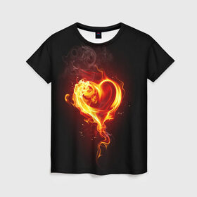 Женская футболка 3D с принтом Огненное сердце в Белгороде, 100% полиэфир ( синтетическое хлопкоподобное полотно) | прямой крой, круглый вырез горловины, длина до линии бедер | 14 февраля | heart | в подарок | горящее | день святого валентина | для влюбленных | для подарка | огненный | огонь | сердце
