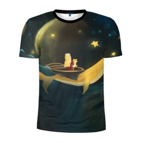 Мужская футболка 3D спортивная с принтом Девушка и кит в облаках в Белгороде, 100% полиэстер с улучшенными характеристиками | приталенный силуэт, круглая горловина, широкие плечи, сужается к линии бедра | вечер | волшебство | девочка | звезды | иллюстрация | кит | космос | магия | небо | ночь | облака | планета