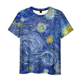 Мужская футболка 3D с принтом Полотно ван Гога в Белгороде, 100% полиэфир | прямой крой, круглый вырез горловины, длина до линии бедер | texture | абстракция | акварель | ван гог | звезды | краски | небо | облака | солнце | текстура