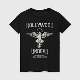 Женская футболка хлопок с принтом Hollywood Undead в Белгороде, 100% хлопок | прямой крой, круглый вырез горловины, длина до линии бедер, слегка спущенное плечо | charlie scene | danny | funny man | hollywood undead | hu | j dog | johnny 3 tears | голливудская нежить | голубь | голубь с гранатой | граната | ню метал | рэп метал | рэп рок