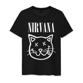 Мужская футболка хлопок с принтом NIRVANA в Белгороде, 100% хлопок | прямой крой, круглый вырез горловины, длина до линии бедер, слегка спущенное плечо. | cat | kitty | nirvana | smile | кот | курт кобейн | нирвана | смайл