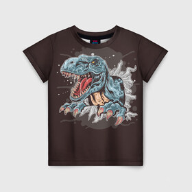 Детская футболка 3D с принтом T-Rex в Белгороде, 100% гипоаллергенный полиэфир | прямой крой, круглый вырез горловины, длина до линии бедер, чуть спущенное плечо, ткань немного тянется | art | dino | dinos | dinosaur | raptor | style | trex | velociraptor | арт | динозавр | мир юрского периода | ти рекс | ящер