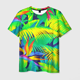 Мужская футболка 3D с принтом ТРОПИКИ в Белгороде, 100% полиэфир | прямой крой, круглый вырез горловины, длина до линии бедер | bright | colorful | neon | retro | vintage | винтаж | неон | неоновые | пальмы | ретро | ретро неон | тропики | тропические листья