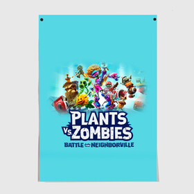 Постер с принтом Plants vs. Zombies в Белгороде, 100% бумага
 | бумага, плотность 150 мг. Матовая, но за счет высокого коэффициента гладкости имеет небольшой блеск и дает на свету блики, но в отличии от глянцевой бумаги не покрыта лаком | battle | game | plants vs zombies | plants vs zombies battle for neighborville | zombie | битва | битва за нейборвиль | зомби | игра | надпись | растения | растения против зомби