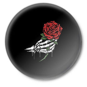 Значок с принтом Рука скелета с розой в Белгороде,  металл | круглая форма, металлическая застежка в виде булавки | core | hand | hardcore | skeleton | tatoo | роза | романтика | рука | скелет | тату | цветок | черный фон
