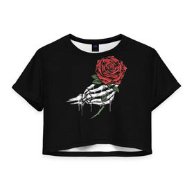 Женская футболка Cropp-top с принтом Рука скелета с розой в Белгороде, 100% полиэстер | круглая горловина, длина футболки до линии талии, рукава с отворотами | core | hand | hardcore | skeleton | tatoo | роза | романтика | рука | скелет | тату | цветок | черный фон