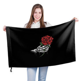 Флаг 3D с принтом Рука скелета с розой в Белгороде, 100% полиэстер | плотность ткани — 95 г/м2, размер — 67 х 109 см. Принт наносится с одной стороны | core | hand | hardcore | skeleton | tatoo | роза | романтика | рука | скелет | тату | цветок | черный фон