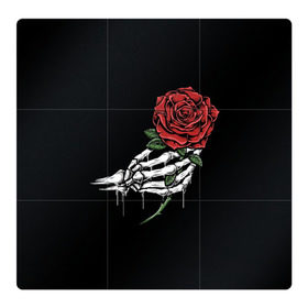 Магнитный плакат 3Х3 с принтом Рука скелета с розой в Белгороде, Полимерный материал с магнитным слоем | 9 деталей размером 9*9 см | core | hand | hardcore | skeleton | tatoo | роза | романтика | рука | скелет | тату | цветок | черный фон