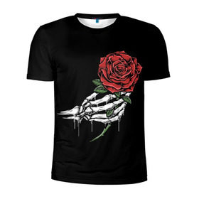 Мужская футболка 3D спортивная с принтом Рука скелета с розой в Белгороде, 100% полиэстер с улучшенными характеристиками | приталенный силуэт, круглая горловина, широкие плечи, сужается к линии бедра | core | hand | hardcore | skeleton | tatoo | роза | романтика | рука | скелет | тату | цветок | черный фон