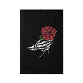 Обложка для паспорта матовая кожа с принтом Рука скелета с розой в Белгороде, натуральная матовая кожа | размер 19,3 х 13,7 см; прозрачные пластиковые крепления | core | hand | hardcore | skeleton | tatoo | роза | романтика | рука | скелет | тату | цветок | черный фон