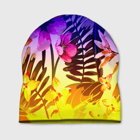 Шапка 3D с принтом FLOWER NEON в Белгороде, 100% полиэстер | универсальный размер, печать по всей поверхности изделия | bright | colorful | neon | retro | vintage | винтаж | неон | неоновые | пальмы | ретро | ретро неон | тропики | тропические листья