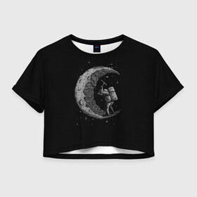 Женская футболка Cropp-top с принтом Лунокоп в Белгороде, 100% полиэстер | круглая горловина, длина футболки до линии талии, рукава с отворотами | cat | galaxy | moon | nasa | space | вселенная | галактика | звезды | космонавт | космос | луна | наса | скафандр