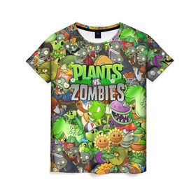 Женская футболка 3D с принтом PLANTS VS ZOMBIES в Белгороде, 100% полиэфир ( синтетическое хлопкоподобное полотно) | прямой крой, круглый вырез горловины, длина до линии бедер | battle | plants | plants vs zombies | pvsz | vs | zombies | растения против зомби