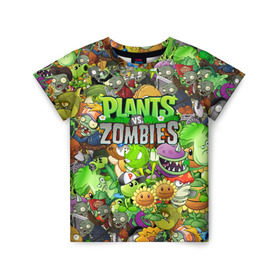 Детская футболка 3D с принтом PLANTS VS ZOMBIES в Белгороде, 100% гипоаллергенный полиэфир | прямой крой, круглый вырез горловины, длина до линии бедер, чуть спущенное плечо, ткань немного тянется | battle | plants | plants vs zombies | pvsz | vs | zombies | растения против зомби