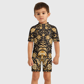 Детский купальный костюм 3D с принтом Gold  Black в Белгороде, Полиэстер 85%, Спандекс 15% | застежка на молнии на спине | texture | абстракция | золото | золотые узоры | розы | текстура | узоры | цветы