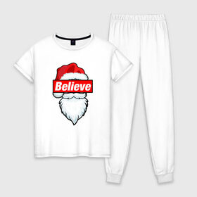 Женская пижама хлопок с принтом Санта в Белгороде, 100% хлопок | брюки и футболка прямого кроя, без карманов, на брюках мягкая резинка на поясе и по низу штанин | 20 | 2020 | believe | christmas | claus | hipster | merry | new | santa | supreme | year | год | дед | клаус | мороз | новый | новый год | праздник | рождество | санта | супреме | суприм | суприме | хипстер
