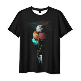 Мужская футболка 3D с принтом Космонавт с шариками в Белгороде, 100% полиэфир | прямой крой, круглый вырез горловины, длина до линии бедер | cat | elon | galaxy | mars | moon | musk | nasa | space | spacex | вселенная | галактика | звезды | илон | космонавт | космос | луна | марс | маск | наса | скафандр