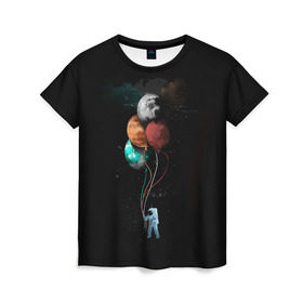 Женская футболка 3D с принтом Космонавт с шариками в Белгороде, 100% полиэфир ( синтетическое хлопкоподобное полотно) | прямой крой, круглый вырез горловины, длина до линии бедер | cat | elon | galaxy | mars | moon | musk | nasa | space | spacex | вселенная | галактика | звезды | илон | космонавт | космос | луна | марс | маск | наса | скафандр