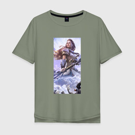 Мужская футболка хлопок Oversize с принтом Horizon Zero Dawn в Белгороде, 100% хлопок | свободный крой, круглый ворот, “спинка” длиннее передней части | horizon zero dawn | лук | персонаж | элой