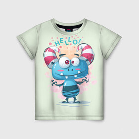 Детская футболка 3D с принтом HELLO в Белгороде, 100% гипоаллергенный полиэфир | прямой крой, круглый вырез горловины, длина до линии бедер, чуть спущенное плечо, ткань немного тянется | bright | cute monsters | fun | funny | веселый | милый монстрик | прикольный | яркий забавный