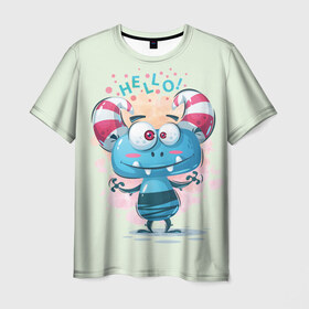 Мужская футболка 3D с принтом HELLO в Белгороде, 100% полиэфир | прямой крой, круглый вырез горловины, длина до линии бедер | bright | cute monsters | fun | funny | веселый | милый монстрик | прикольный | яркий забавный