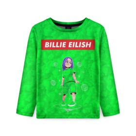 Детский лонгслив 3D с принтом BILLIE EILISH GREEN в Белгороде, 100% полиэстер | длинные рукава, круглый вырез горловины, полуприлегающий силуэт
 | bad guy | billie | eilish | ocean eyes | айлиш | билли | девушка | певица | эйлиш