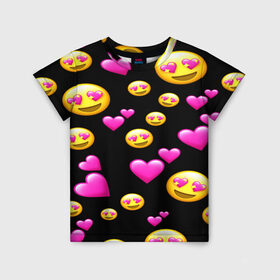 Детская футболка 3D с принтом ВЛЮБЛЕННЫЕ СМАЙЛИКИ в Белгороде, 100% гипоаллергенный полиэфир | прямой крой, круглый вырез горловины, длина до линии бедер, чуть спущенное плечо, ткань немного тянется | emoji | настроение | позитив | смайлики | смайлы | стикеры | текстура смайл | улыбки | фон смайл | эмодзи