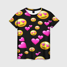 Женская футболка 3D с принтом ВЛЮБЛЕННЫЕ СМАЙЛИКИ в Белгороде, 100% полиэфир ( синтетическое хлопкоподобное полотно) | прямой крой, круглый вырез горловины, длина до линии бедер | emoji | настроение | позитив | смайлики | смайлы | стикеры | текстура смайл | улыбки | фон смайл | эмодзи