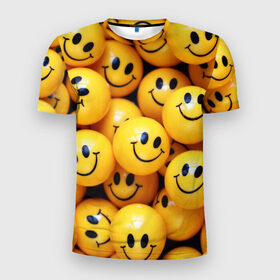 Мужская футболка 3D спортивная с принтом ЖЕЛТЫЕ СМАЙЛИКИ в Белгороде, 100% полиэстер с улучшенными характеристиками | приталенный силуэт, круглая горловина, широкие плечи, сужается к линии бедра | emoji | настроение | позитив | смайлики | смайлы | стикеры | текстура смайл | улыбки | фон смайл | эмодзи