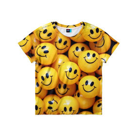 Детская футболка 3D с принтом ЖЕЛТЫЕ СМАЙЛИКИ в Белгороде, 100% гипоаллергенный полиэфир | прямой крой, круглый вырез горловины, длина до линии бедер, чуть спущенное плечо, ткань немного тянется | emoji | настроение | позитив | смайлики | смайлы | стикеры | текстура смайл | улыбки | фон смайл | эмодзи