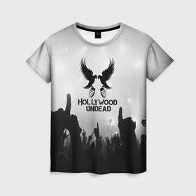 Женская футболка 3D с принтом HOLLYWOOD UNDEAD в Белгороде, 100% полиэфир ( синтетическое хлопкоподобное полотно) | прямой крой, круглый вырез горловины, длина до линии бедер | charlie scene | danny | funny man | hollywood undead | j dog | johnny 3 tears | logo | music | rock | альтернатива | металл | музыка | музыкальный | рок