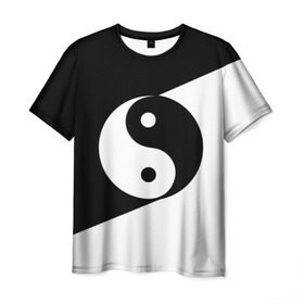 Мужская футболка 3D с принтом Инь - янь (#1) в Белгороде, 100% полиэфир | прямой крой, круглый вырез горловины, длина до линии бедер | black | signs | white. | ying   yang | белый | знаки | инь   янь | чёрный