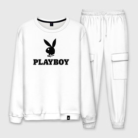 Мужской костюм хлопок с принтом Playboy в Белгороде, 100% хлопок | на свитшоте круглая горловина, мягкая резинка по низу. Брюки заужены к низу, на них два вида карманов: два “обычных” по бокам и два объемных, с клапанами, расположенные ниже линии бедра. Брюки с мягкой трикотажной резинкой на поясе и по низу штанин. В поясе для дополнительного комфорта — широкие завязки | brazzers | cекс | merch | new sensations | playboy | private | tushy | бразерс | мерч | плейбой